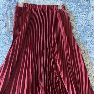 Burgundy satin accordion pleat midi skirt